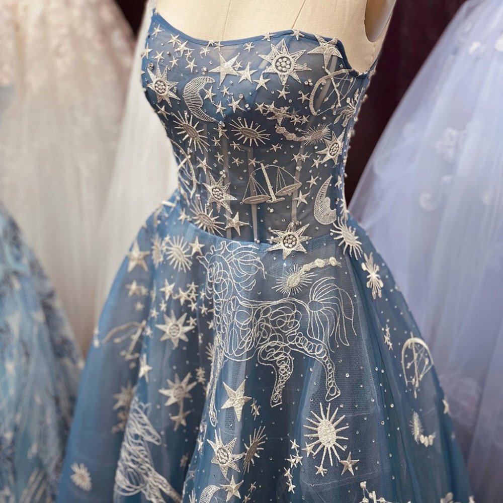 BLUE CONSTELLATION DREAM SWEETHEART EMBROIDERED TULLE BALLGOWN CORSET BACK A0890 - Picture 9 of 11